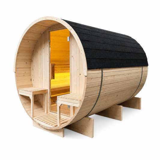 Side view showing the traditional barrel construction of The Pennine Barrel outdoor sauna-Verdant Lounge