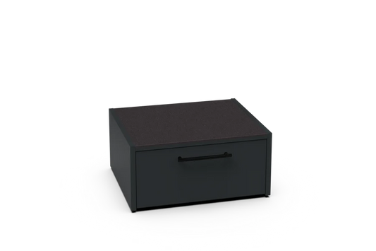 A modern black storage box with a single drawer and a minimalist horizontal handle, shown on a clean white background.