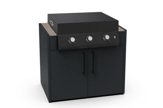 Verdant Lounge P3 Plancha gas hot plate with Neolith stone worktop, 100 cm base module, two storage doors and pull-out gas bottle support tray.
