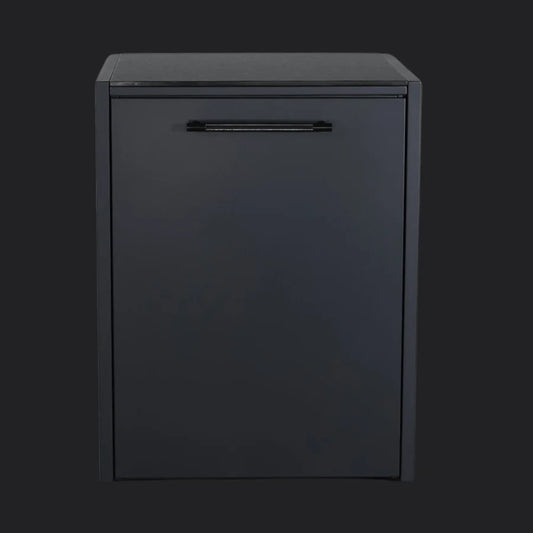A dark gray metal utility storage cabinet with a single horizontal handle, shown from a front-facing perspective against a solid dark background.
