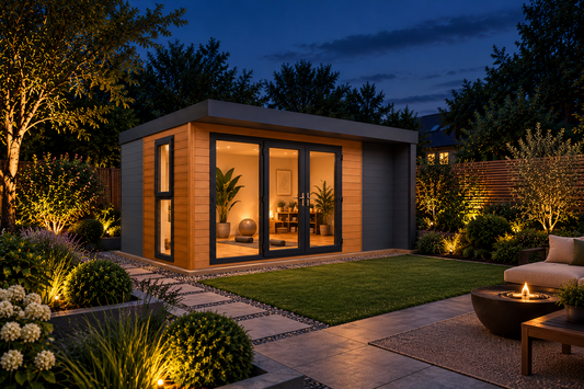Sanctuary Garden Room styled as a compact wellness studio with yoga equipment, timber-effect cladding, anthracite-framed glazed doors and a beautifully landscaped contemporary garden at night – Verdant Lounge.