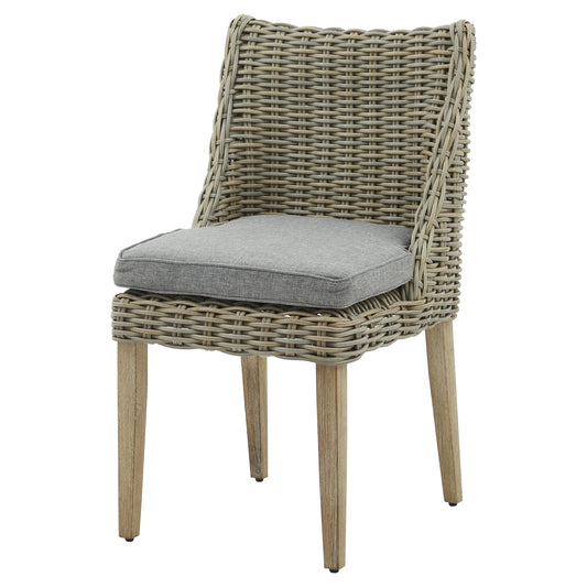 Amalfi Collection Outdoor Dining Chair with woven wicker backrest, cushioned seat and natural wood legs, front view