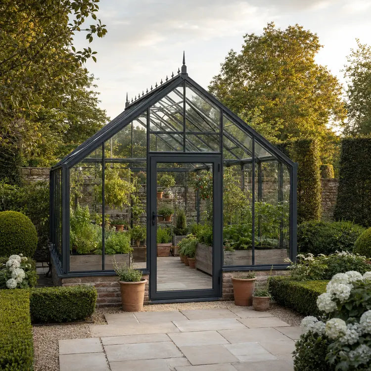 Black-framed glass greenhouse surrounded by lush greenery in a landscaped garden | Verdant Lounge
