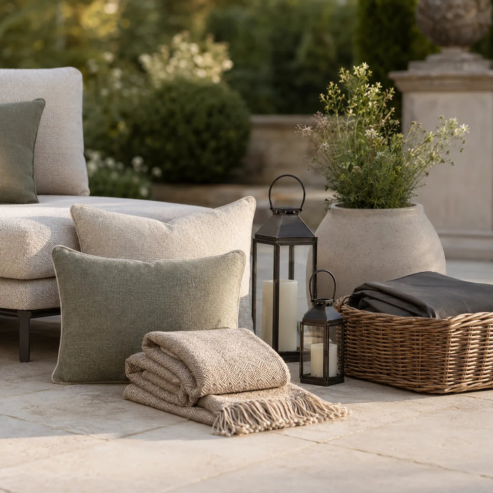 Luxury outdoor living accessories with cream cushions, woven throws, black lanterns and a wicker storage basket on a stone patio – Verdant Lounge UK