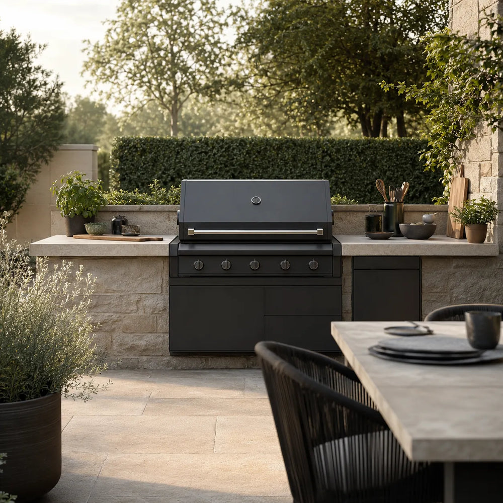 Premium black barbecue grill and built-in outdoor kitchen with stone worktops on a landscaped garden terrace – Verdant Lounge UK