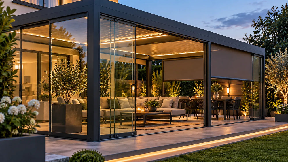 Luxury aluminium pergola with sliding glass walls, integrated lighting and outdoor lounge and dining furniture at dusk – Verdant Lounge UK
