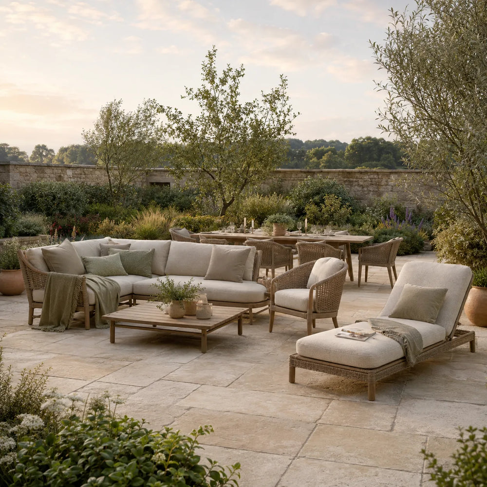 Luxury garden furniture with cream-cushioned outdoor sofa, armchair, sun lounger and dining set on an elegant landscaped terrace – Verdant Lounge UK