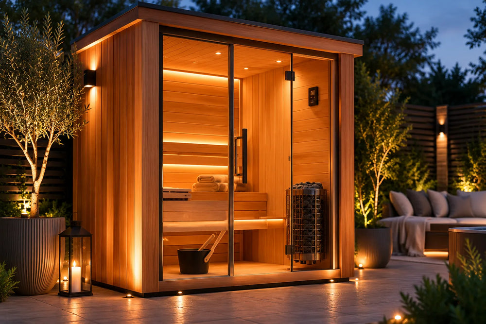 Luxury timber garden sauna with glass doors, warm interior lighting and wooden benches on a landscaped patio at dusk – Verdant Lounge UK