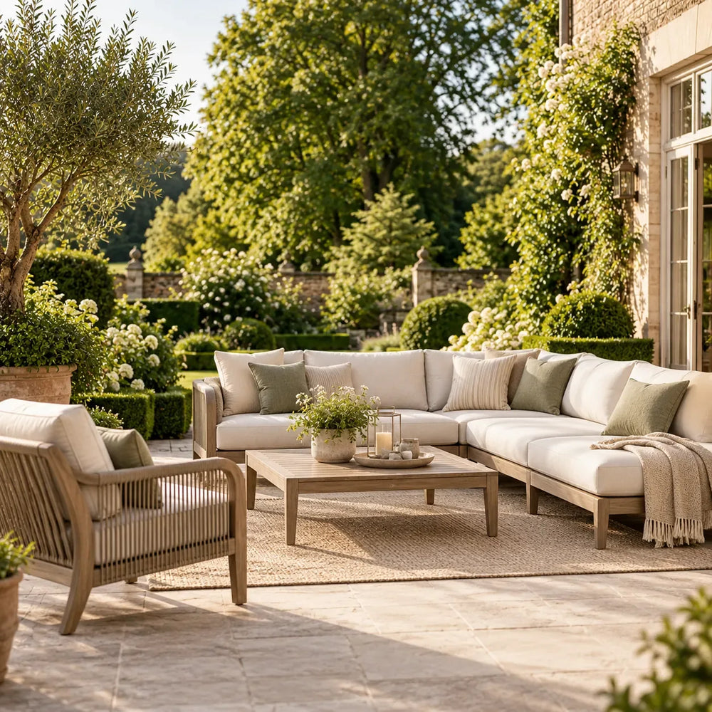 Luxury outdoor lounge furniture with cream corner sofa, woven armchair and wooden coffee table in a landscaped garden – Verdant Lounge UK