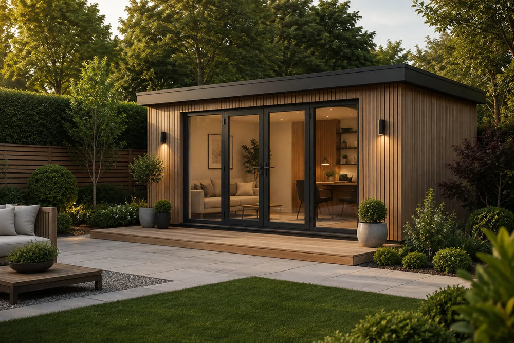 Modern timber-clad garden building with black-framed glass doors, home office and lounge area in a landscaped garden – Verdant Lounge UK
