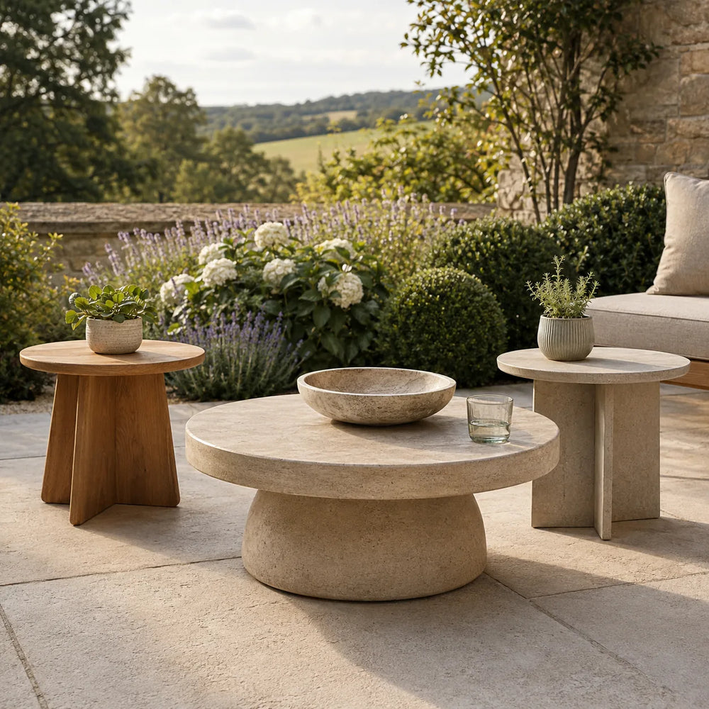 Luxury round stone outdoor coffee table with matching side tables and a wooden accent table on a landscaped garden terrace – Verdant Lounge UK