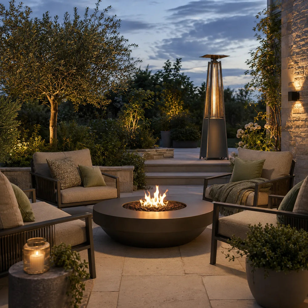 Luxury round outdoor fire pit surrounded by cushioned garden armchairs, with a tall patio heater on a landscaped terrace at dusk – Verdant Lounge UK