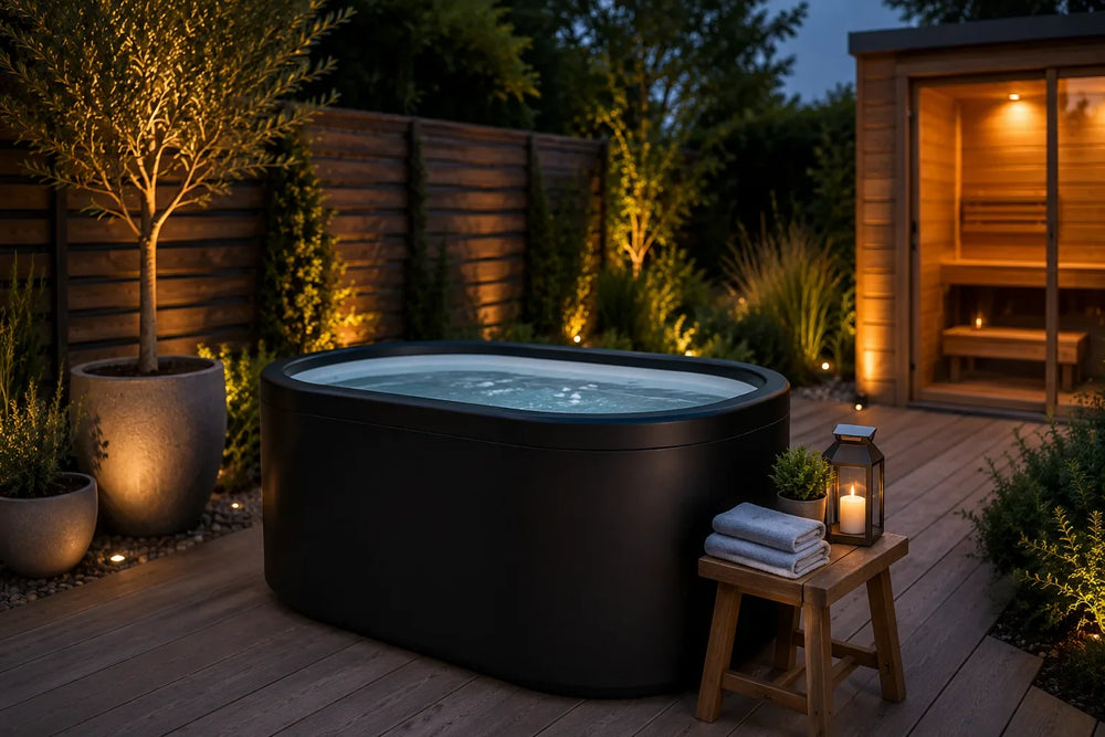 Luxury black outdoor ice bath on a timber deck beside a garden sauna, with warm lighting and landscaped greenery – Verdant Lounge UK