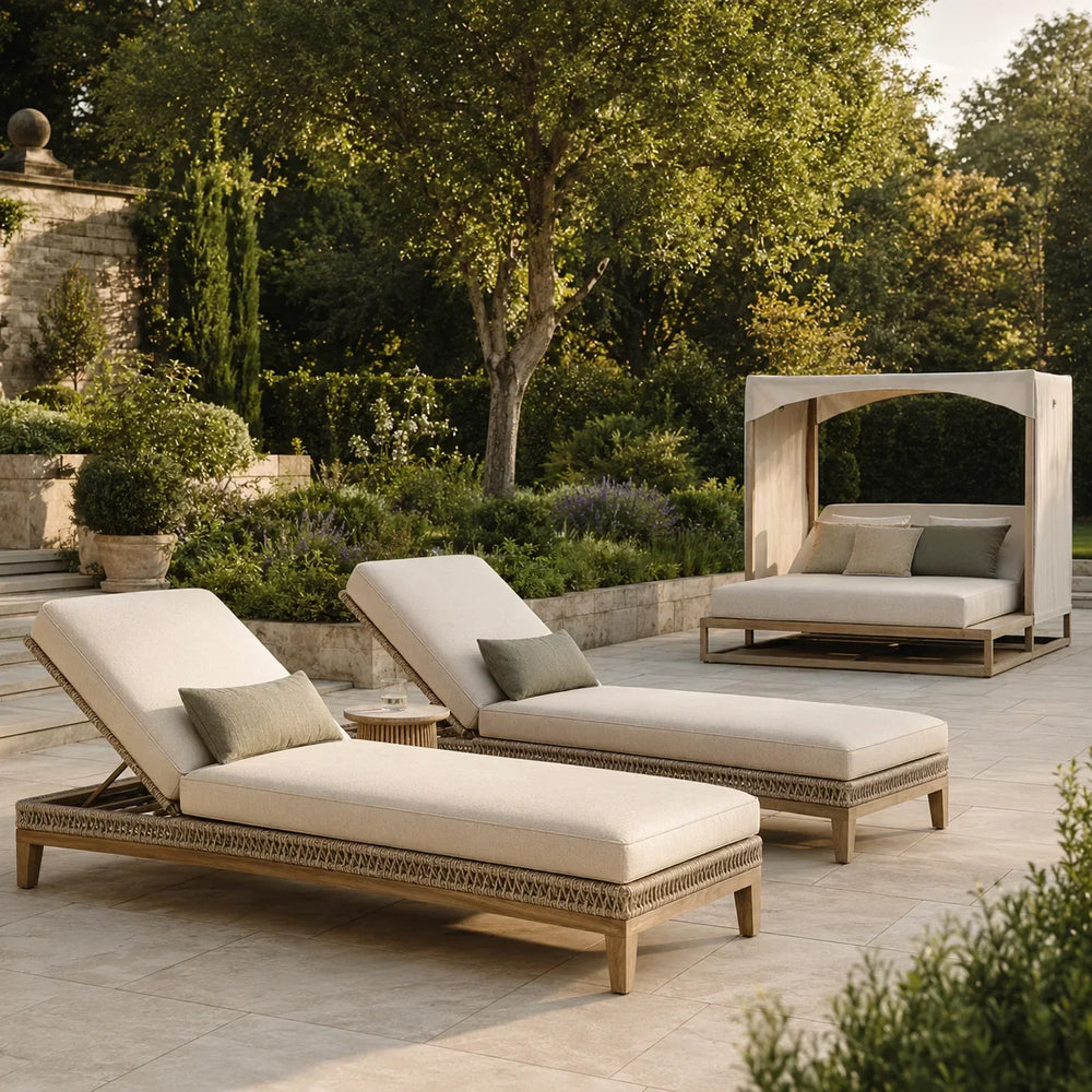 Luxury outdoor sun loungers with cream cushions and a matching canopy daybed on an elegant landscaped garden terrace – Verdant Lounge UK