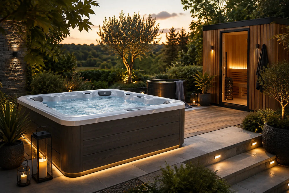 Luxury outdoor wellness area featuring a bubbling hot tub and timber garden sauna on an illuminated landscaped terrace at sunset – Verdant Lounge UK