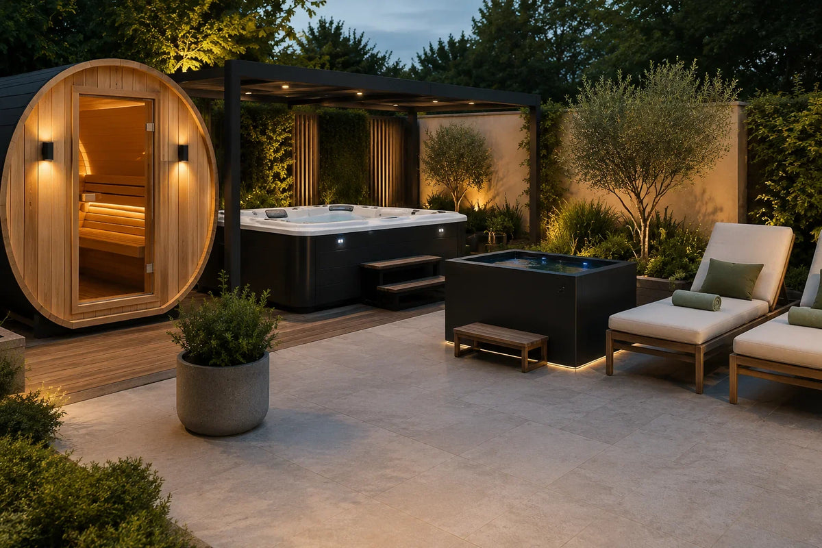 Luxury outdoor wellness area featuring a timber barrel sauna, hot tub, cold plunge pool and garden loungers – Verdant Lounge UK
