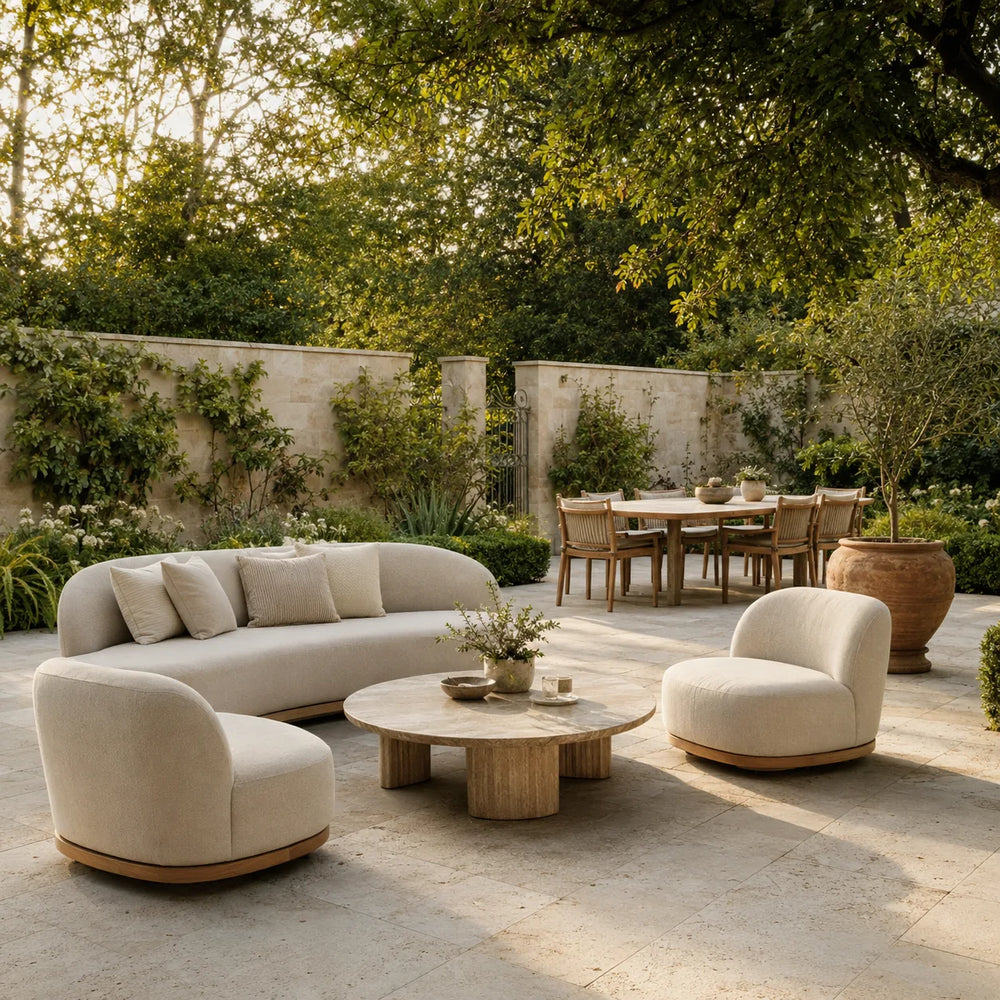 Luxury cream curved outdoor sofa and matching armchairs with round wooden coffee table and garden dining set on a landscaped stone terrace – Verdant Lounge UK