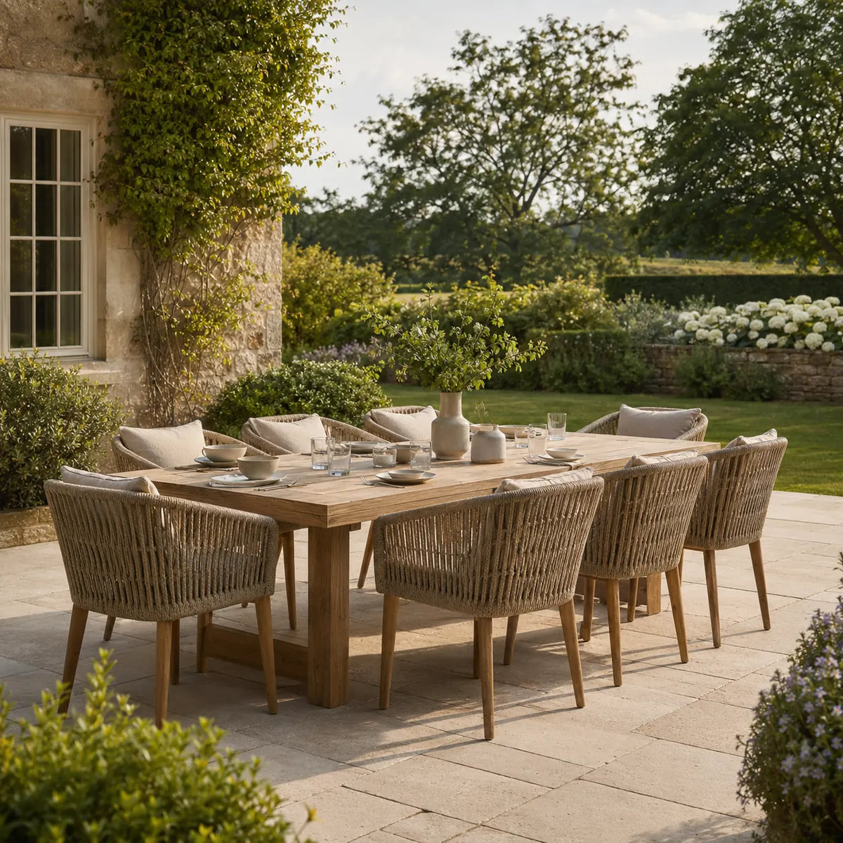 Premium outdoor dining furniture with wooden dining table and woven chairs on a landscaped stone garden terrace – Verdant Lounge UK