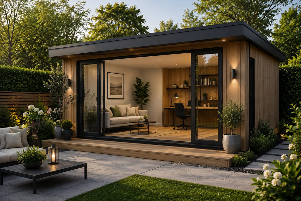 Modern timber-clad garden room with floor-to-ceiling glass doors, lounge seating and home office interior – Verdant Lounge UK