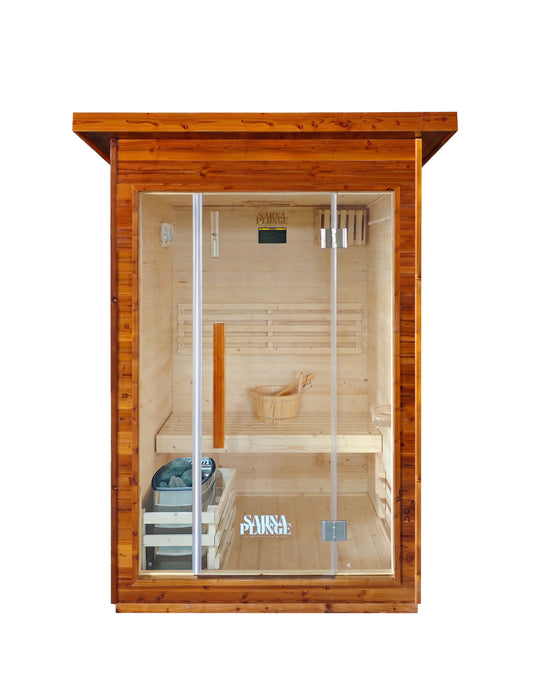 Front view of The Bronte Traditional Outdoor 2-Person Cabin Sauna -Verdant Lounge