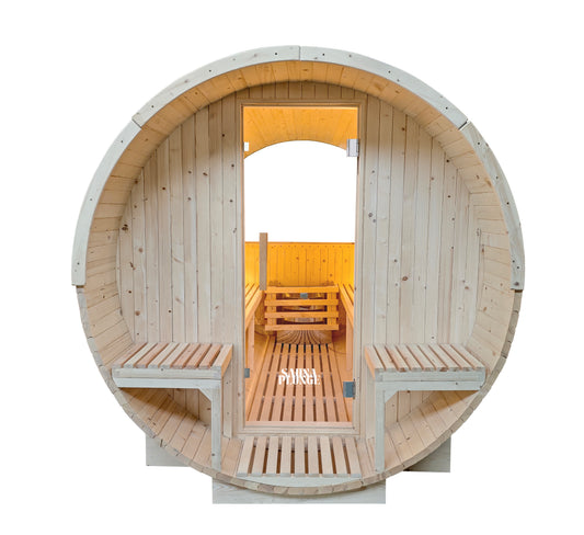 Front view of The Pennine Barrel 6-Person Traditional Outdoor Sauna-Verdant Lounge.