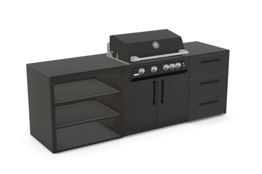 Straight outdoor kitchen with matte black cabinetry, a built-in gas grill, open shelving on the left and three drawers on the right, displayed against a transparent background.