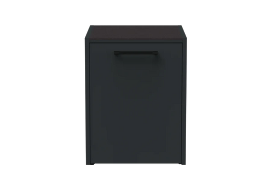 A modern, minimalist black storage cabinet with a single flat front door and a slim horizontal handle, shown against a plain white background.