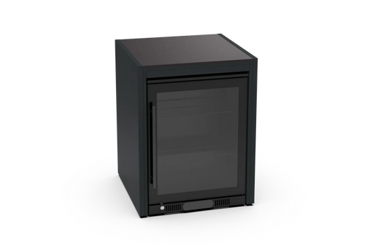 Verdant Lounge 65 cm outdoor fridge module with Neolith stone worktop, frameless glass door and illuminated 128-litre fridge interior.