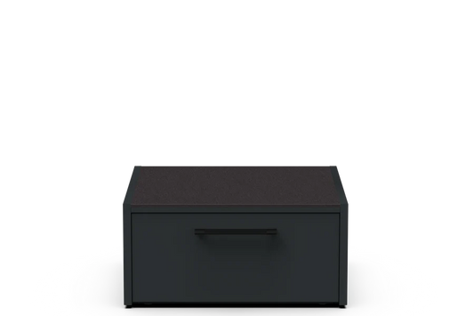 A modern dark charcoal gray storage box or drawer with a textured top surface and a minimalist horizontal handle, shown against a solid white background.