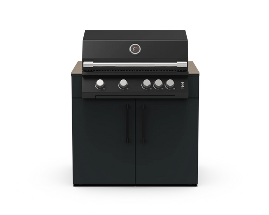 F4 Grill 100cm outdoor gas BBQ with five control knobs, stainless steel handles, Neolith stone side worktops and a matte black two-door storage cabinet