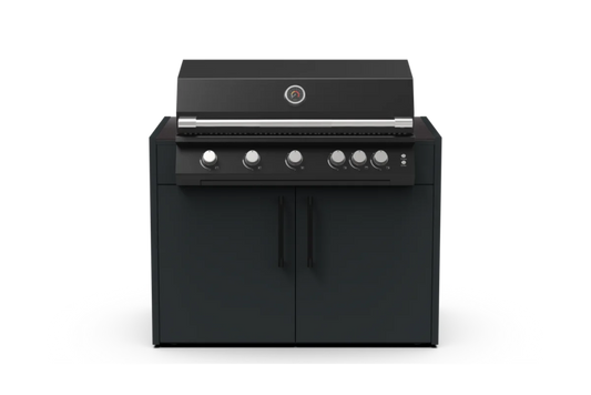 F5 Grill 120cm outdoor gas BBQ with six control knobs, stainless steel grill handle and matte black two-door storage cabinet