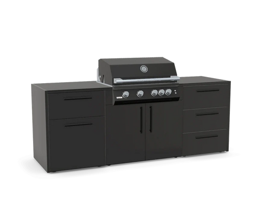 The Entertainer outdoor kitchen by Verdant Lounge featuring a 100cm gas grill, integrated trash drawer, triple-drawer storage and a premium Neolith sintered stone worktop.