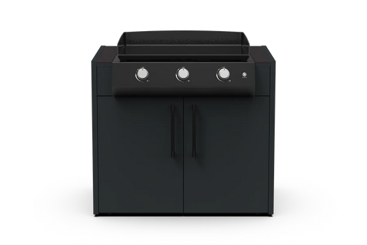 A modern outdoor kitchen island cabinet in matte black, featuring two lower doors with vertical handles, a top deck with a built-in grill, and a front control panel with three silver knobs on a white background.