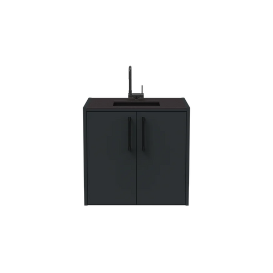A modern two-door outdoor kitchen sink in matte black, featuring a matching black countertop with an integrated sink and a tall gooseneck faucet