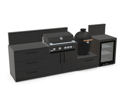 Straight outdoor kitchen with matte black cabinetry, a built-in 4-burner gas grill, Kamado egg, triple-drawer storage, glass-door outdoor refrigerator and matching back wall, displayed against a transparent background.
