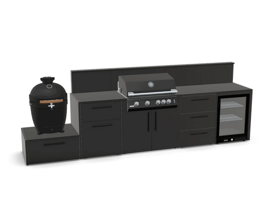 A black outdoor kitchen island set featuring a built-in gas grill, a black Kamado-style ceramic cooker on a side pedestal, a glass-front beverage refrigerator, and multiple drawers and cabinets, shown on a plain white background.
