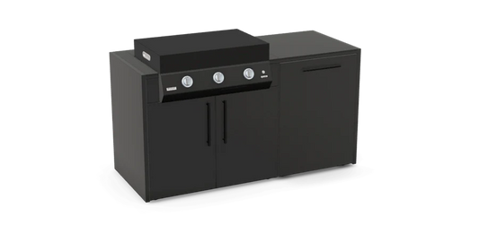 The Sizzler outdoor kitchen by Verdant Lounge featuring a 100cm Plancha, cabinet storage and a premium Neolith sintered stone worktop.