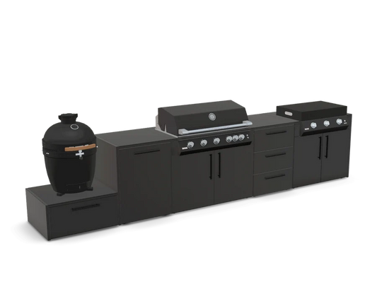 Verdant Lounge Feast Maker outdoor kitchen featuring a 120 cm gas grill, 100 cm plancha, Kamado Egg, black storage modules and Neolith stone worktop.