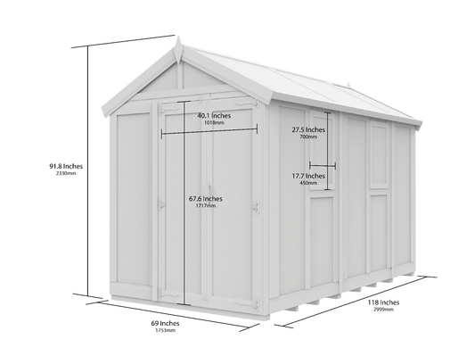 Timber-framed garden room with a pitched glazed roof, natural wood finish, full-height glass panels and a glazed entrance door with black decorative ironmongery