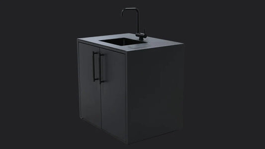 A modern matte black vanity cabinet with a built-in rectangular sink and a tall gooseneck faucet, shown on a dark charcoal background.