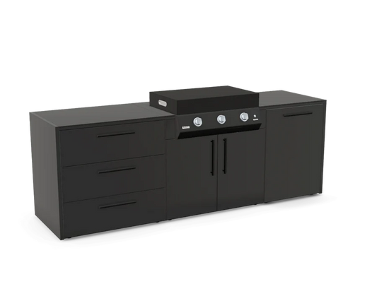 The Plancha Pro outdoor kitchen by Verdant Lounge featuring a 100cm Plancha, cabinet storage, triple drawers and a premium Neolith sintered stone worktop.