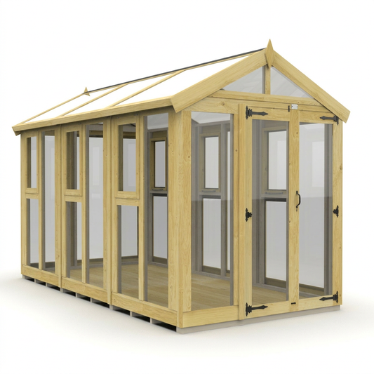 Verdant Lounge Apex Glass Greenhouse, 6ft x 12ft, featuring a traditional apex roof, natural timber frame, full-glass windows and a single door. Premium UK-manufactured greenhouse designed for growing flowers, herbs, vegetables and other plants.