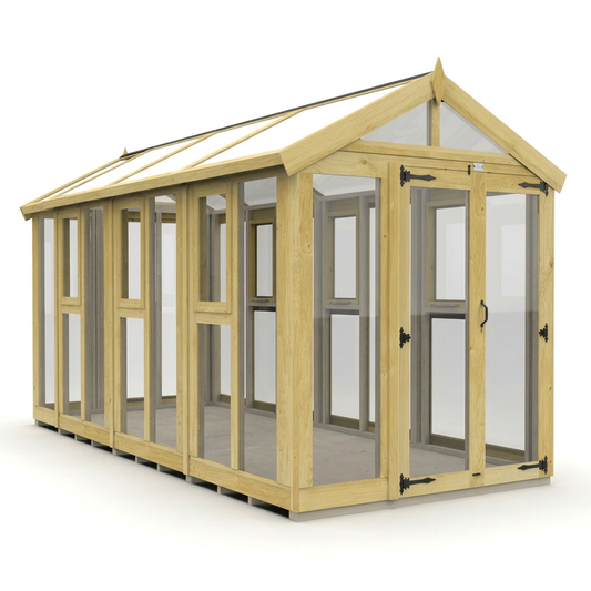 Verdant Lounge Apex Glass Greenhouse, 6ft x 14ft, featuring a traditional apex roof, natural timber frame, full-glass windows and a single door.
