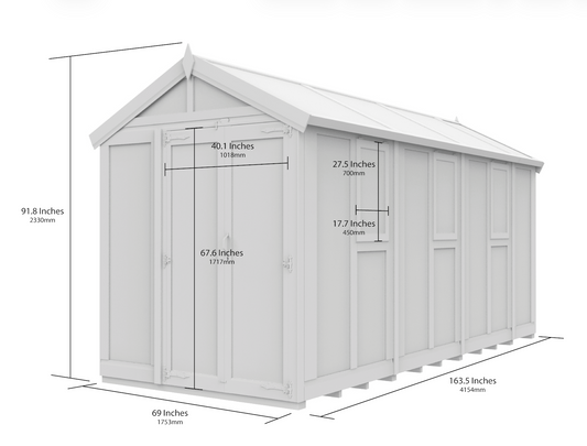 Verdant Lounge Apex Glass Greenhouse, 6ft x 14ft, featuring a traditional apex roof, natural timber frame, full-glass windows and a single door.