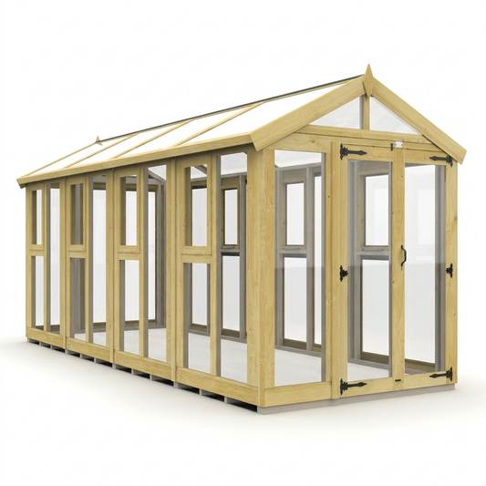 Verdant Lounge Apex Glass Greenhouse, 6ft x 16ft, featuring a traditional apex roof, natural timber frame, full-glass windows and a single door.