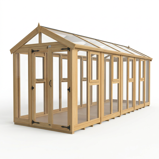Verdant Lounge Apex Glass Greenhouse, 6ft x 18ft, featuring a traditional apex roof, natural timber frame, full-glass windows and a single door.