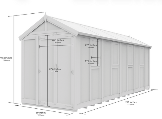 Verdant Lounge Apex Glass Greenhouse, 6ft x 18ft, featuring a traditional apex roof, natural timber frame, full-glass windows and a single door.