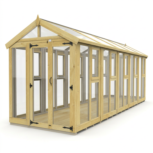 Verdant Lounge Apex Glass Greenhouse, 6ft x 20ft, featuring a traditional apex roof, natural timber frame, full-glass windows and a single door.