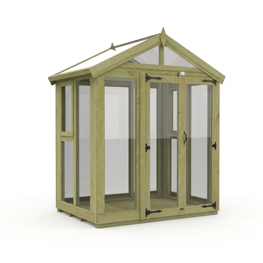 Verdant Lounge Apex Glass Greenhouse, 6ft x 4ft, featuring a traditional apex roof, natural timber frame, full-glass windows and a single door.