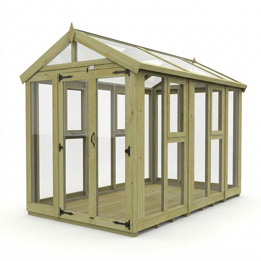 Timber-framed garden room with a pitched glazed roof, natural wood finish, full-height glass panels and a glazed entrance door with black decorative ironmongery